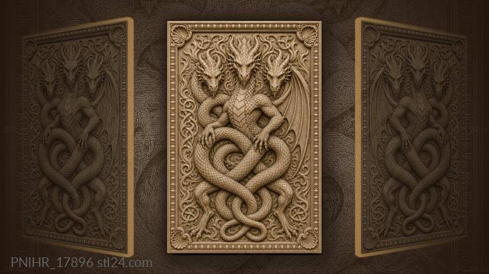 Three headed dragon among knots and flames 3d STL model