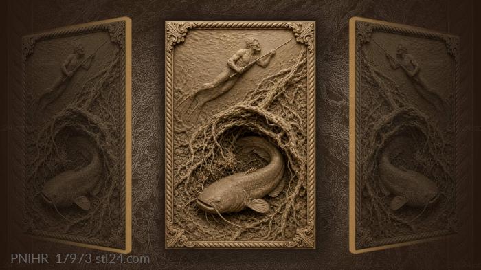 Diver above catfish among roots 3d STL model