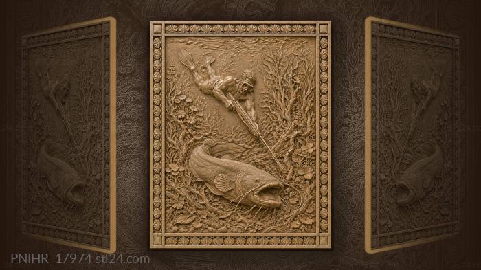 Diver with a spear beneath a catfish 3d STL model