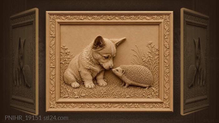 Corgi puppy and curious hedgehog 3d STL model
