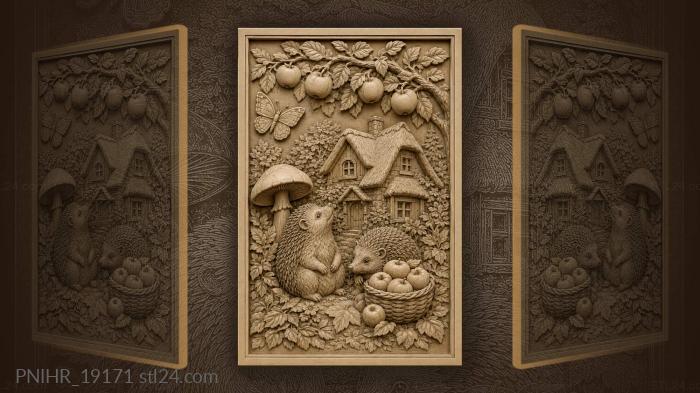 Hedgehogs with apple basket by cottage 3d STL model