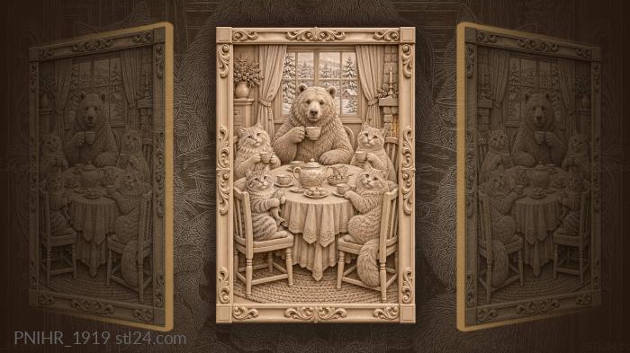 Bear’s tea party with cats 3d STL model