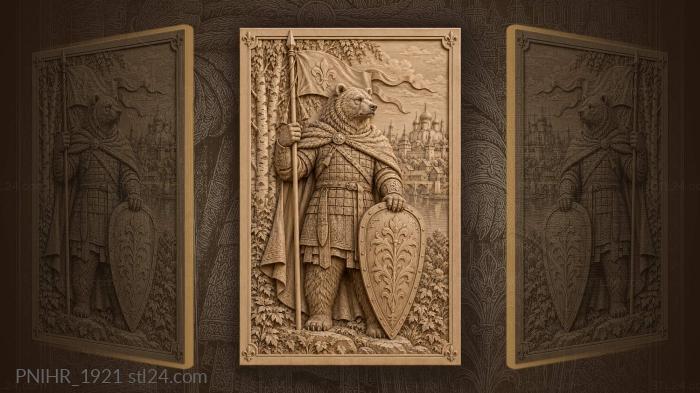 Bear with banner above birch town 3d STL model
