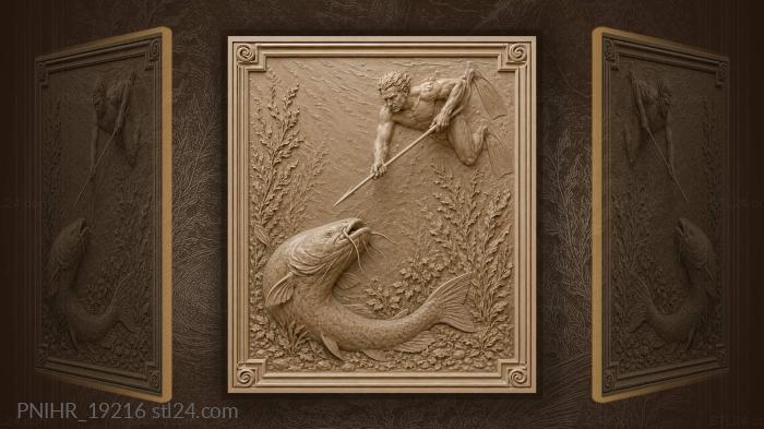 Diver with harpoon against a catfish 3d STL model