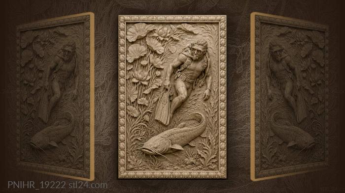 Spearfisher carries fins while catfish crosses reeds 3d STL model
