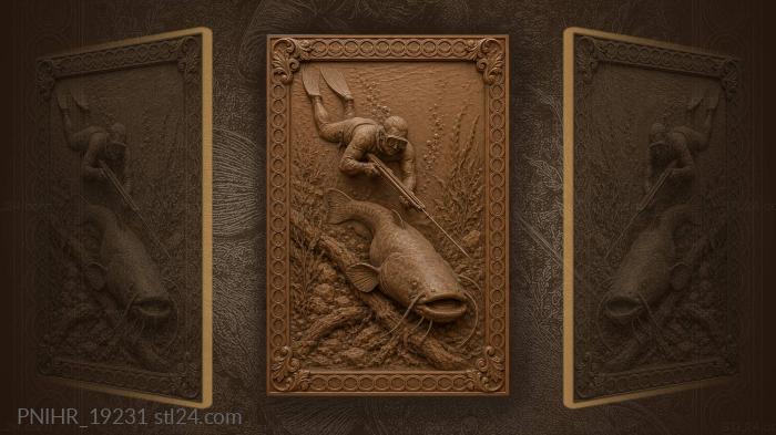 Catfish sliding below the armed diver 3d STL model