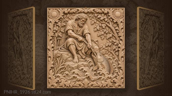 Bearded man hauls fish on a rope 3d STL model