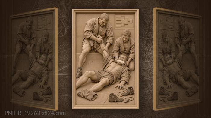 Fighter bites towel while coach resets shoulder 3d STL model