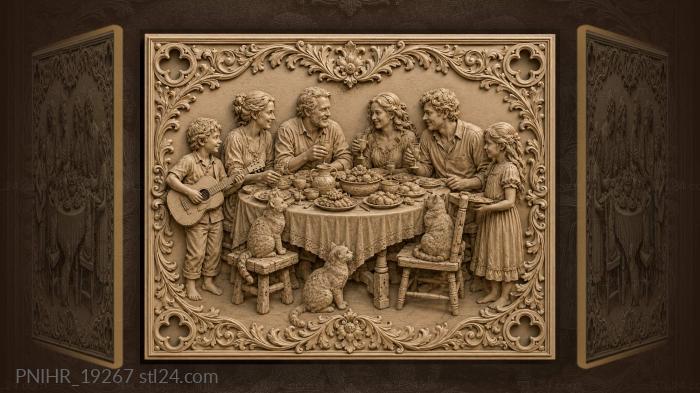 Boy with guitar and cats at supper 3d STL model