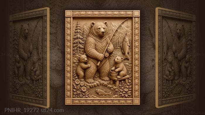 Bears fishing with playful cubs 3d STL model