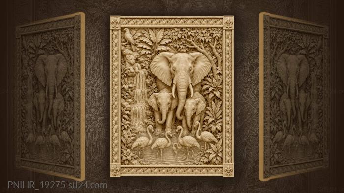Elephant family tropical waterfall scene 3d STL model