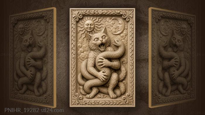 Cat embracing serpent under smiling sun 3d STL model