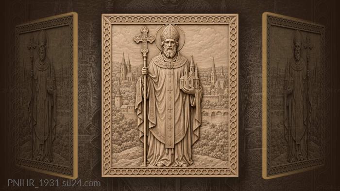 Bearded saint offers a church to city 3d STL model