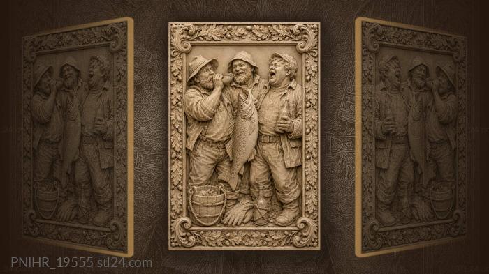 Merry fishermen blowing a horn over the catch 3d STL model