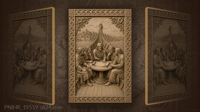 Elders reading a scroll at round table 3d STL model