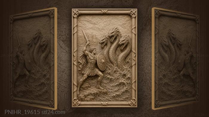 Warrior battling three-headed hydra city 3d STL model