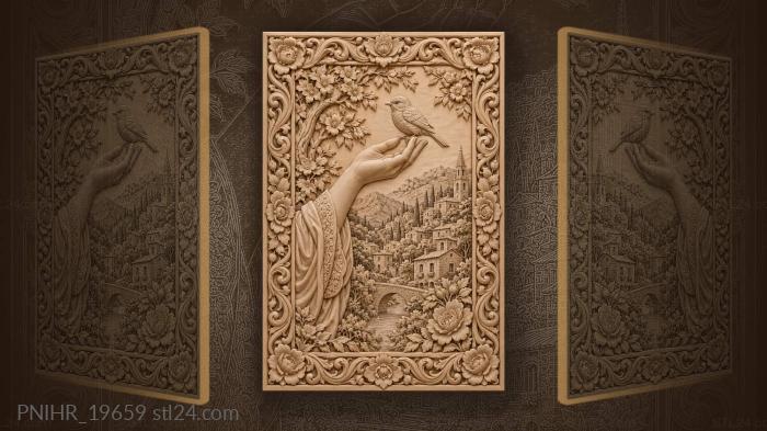 Hand offering bird above village 3d STL model