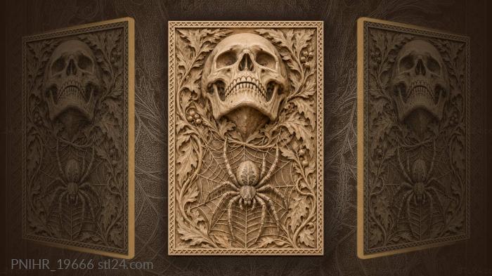 Spider hangs on a web below the skull 3d STL model