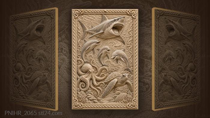 Shark dolphins and octopus in currents 3d STL model