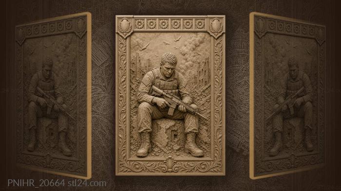 Soldier seated among burning ruins 3d STL model