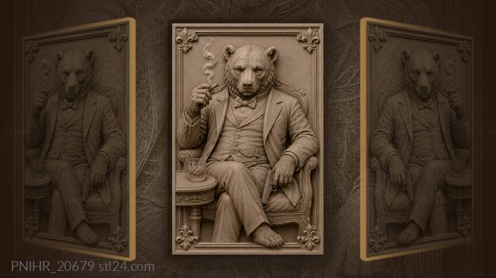 Bear gentleman with whisky and cigar 3d STL model