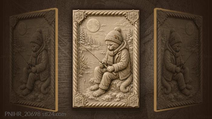 Winter cat with fishing rod 3d STL model