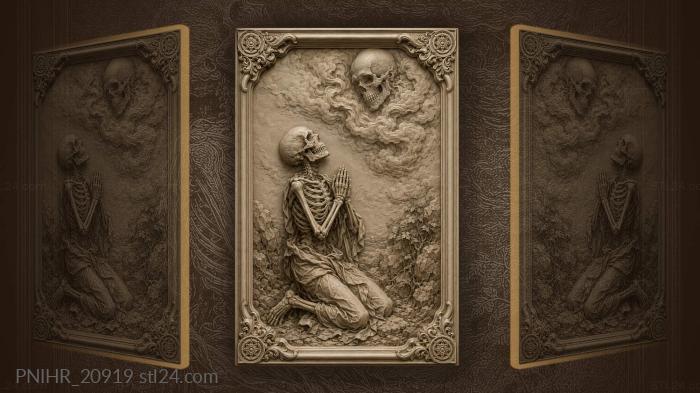 Praying skeleton with skull above 3d STL model