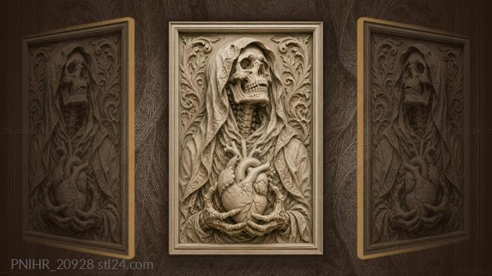 Hooded skeleton cradling an anatomical heart 3d STL model