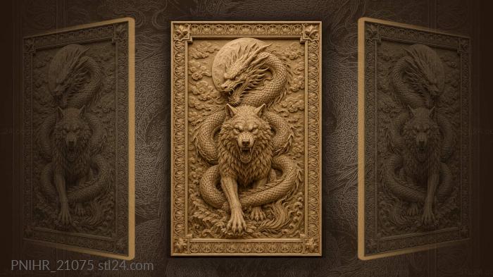 Dragon coiling round wolf before moon 3d STL model