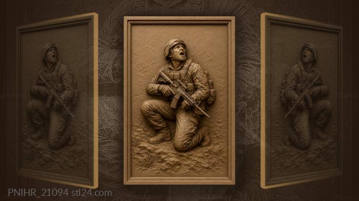 Crouching soldier shouting with his rifle 3d STL model