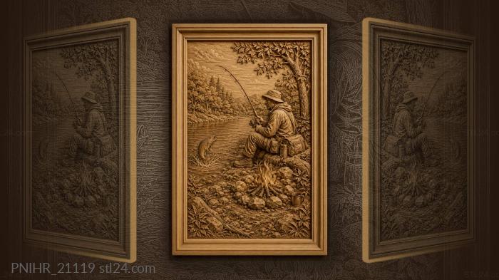 Angler by the fire watching leaping fish 3d STL model