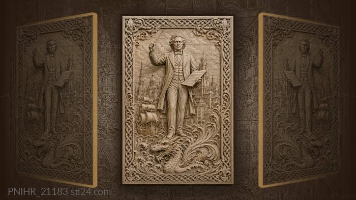 Richard Wagner conducting above a dragon and a city · Ludwig van Beethoven 3d STL model