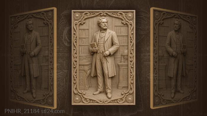 Jules Verne with a book and compass in the library 3d STL model