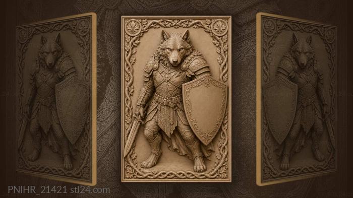 Armored wolf advances behind inscribed shield 3d STL model