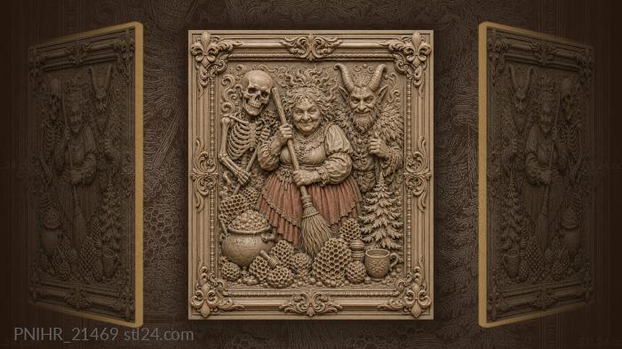Witch with broom skeleton and devil 3d STL model