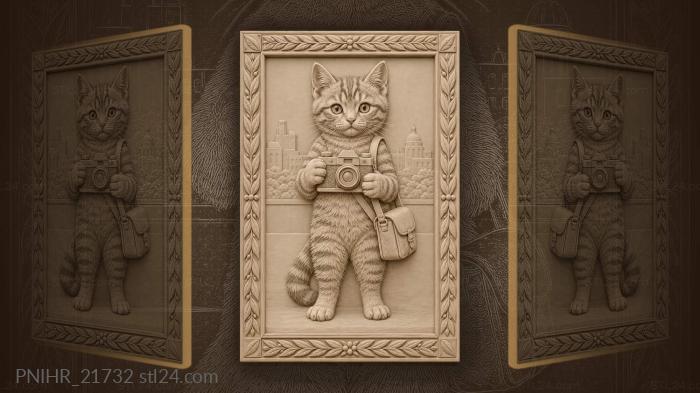 Tabby kitten holding a vintage camera 3d STL model