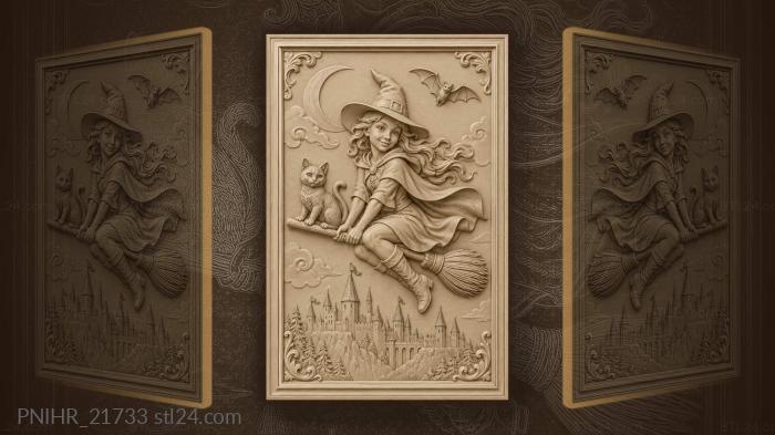 Young witch flying with black cat 3d STL model