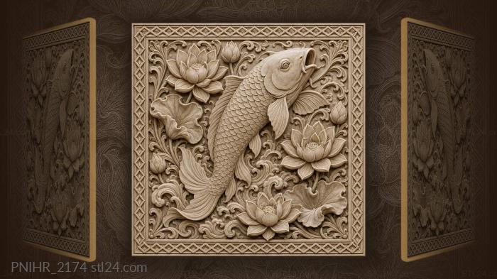 Single koi rises between swirling blossoms 3d STL model