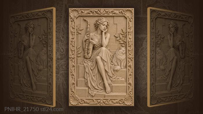 Girl on the steps with sax and cat 3d STL model