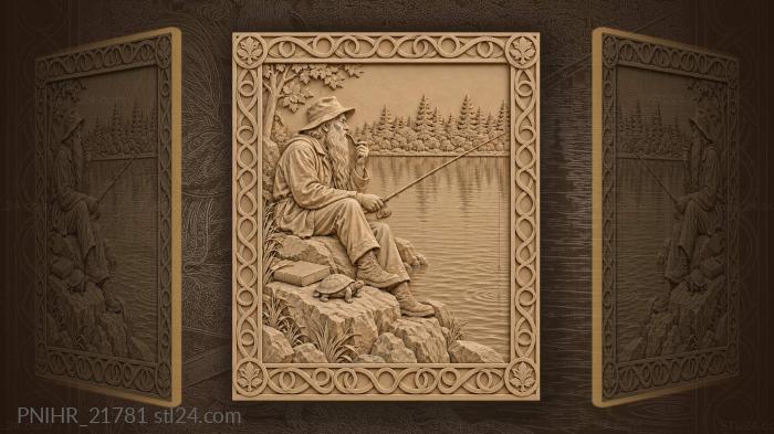 Bearded angler smoking pipe at sunset 3d STL model