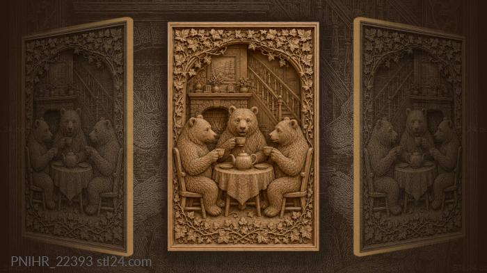 Three bears with cups by fireplace 3d STL model