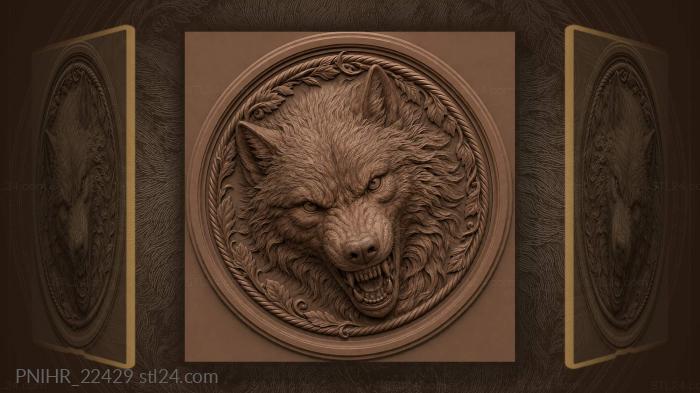 Wolf head in a circle of leaves 3d STL model