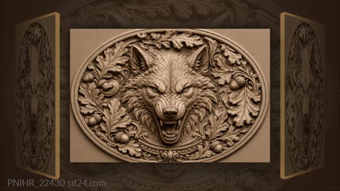 Snarling wolf among oak leaves acorns 3d STL model