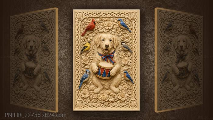 Dog with drum and singing birds 3d STL model