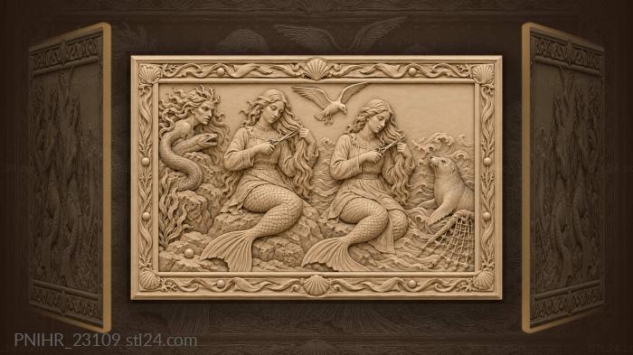 Mermaid sisters combing long hair 3d STL model