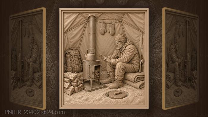Angler warming by the stove inside tent 3d STL model