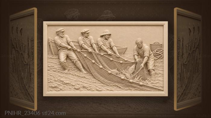 Four men dragging seine up bank 3d STL model