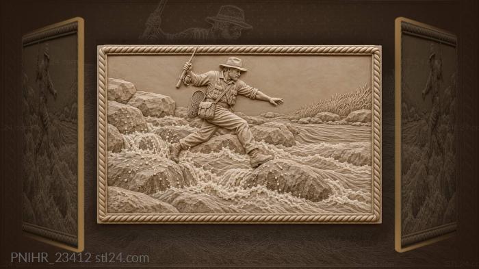 Fisherman leaping across rocky rapids 3d STL model