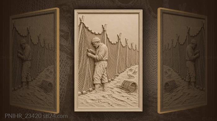 Old fisherman mends his net 3d STL model