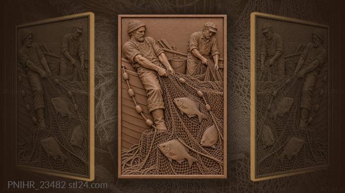 Two men pulling tangle net aboard 3d STL model